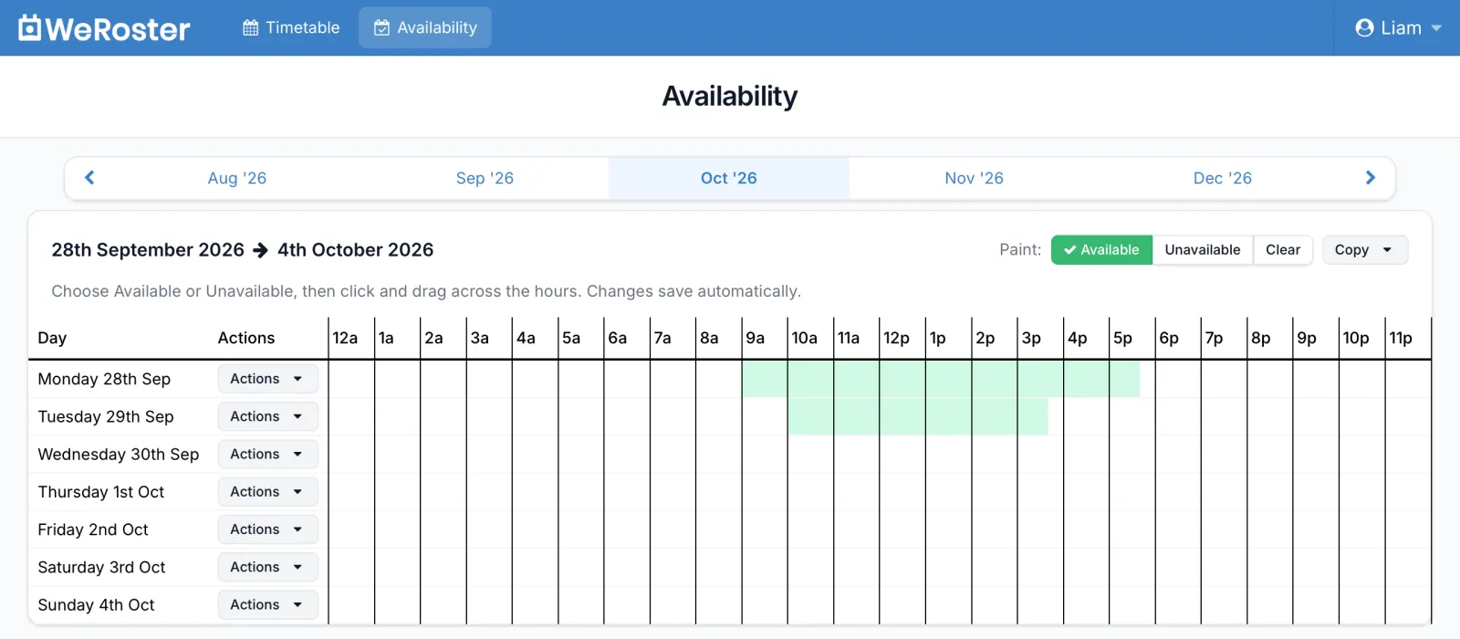 The WeRoster Availability page with available hours painted in green across a week
