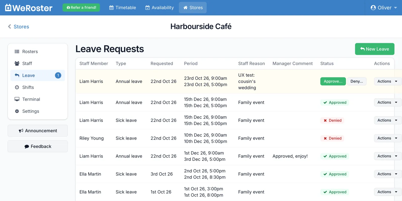 The WeRoster Leave Requests page with a pending request and Approve and Deny buttons above approved and denied requests