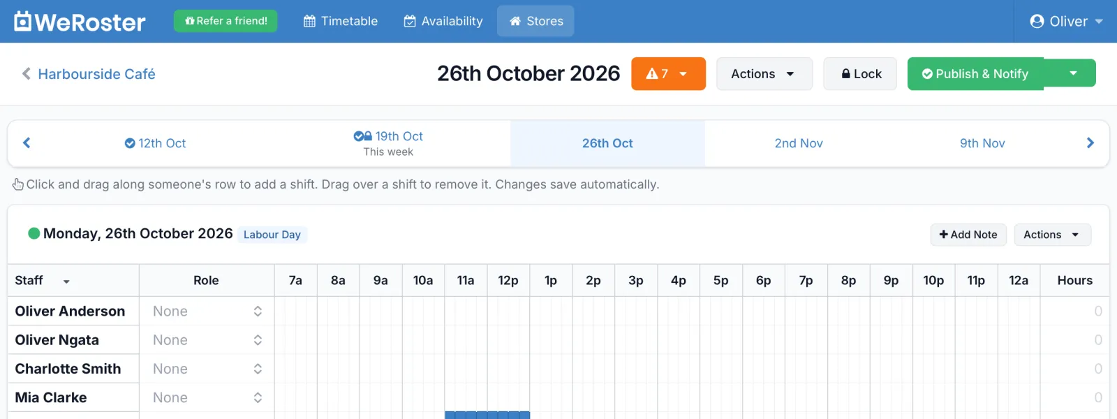 Labour Day shown as a label on Monday in the WeRoster roster editor